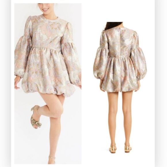 Mille Giselle Pink Brocade Bubble Long Sleeve Mini Dress small NWT $398 - Picture 1 of 9